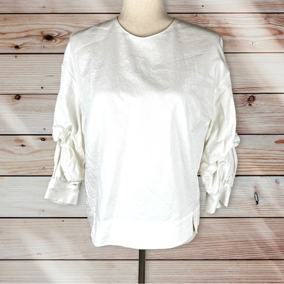 Zara Tops - Zara Avant ruched Minimalist white blouse scrunchy‎ sleeve size XS